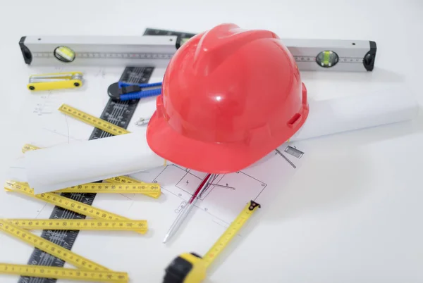 Architectural Office desk ,Desk table with construction tools, r — Stock Photo, Image