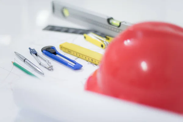 Architectural Office desk ,Desk table with construction tools, r — Stock Photo, Image