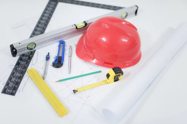 Architectural Office desk ,Desk table with construction tools, r — Stock Photo, Image