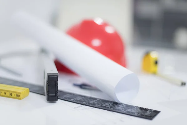 Architectural Office desk ,Desk table with construction tools, r — Stock Photo, Image