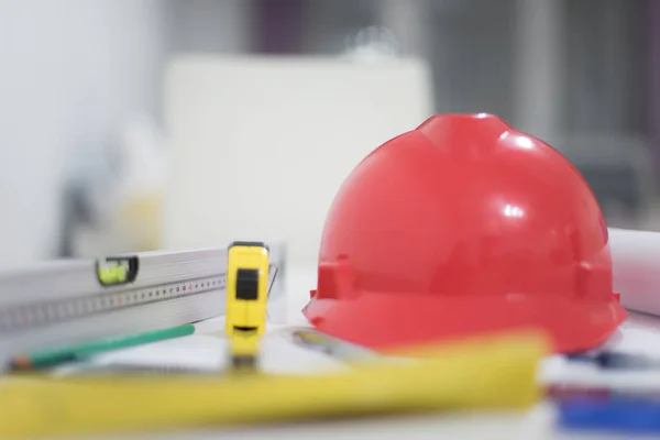 Architectural Office desk ,Desk table with construction tools, r — Stock Photo, Image