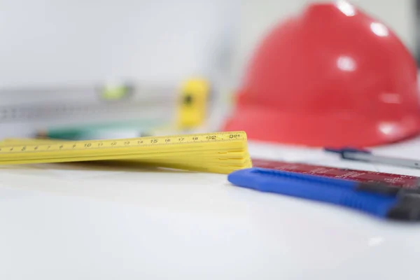 Architectural Office desk ,Desk table with construction tools, r — Stock Photo, Image