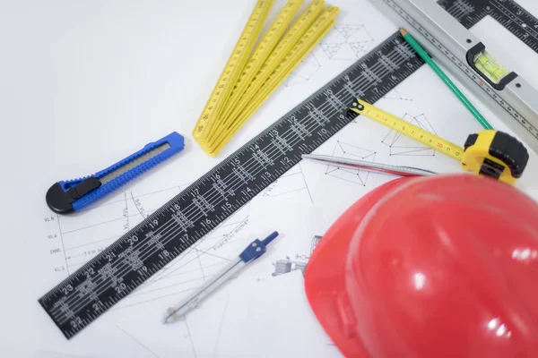 Architectural Office desk ,Desk table with construction tools, r — Stock Photo, Image