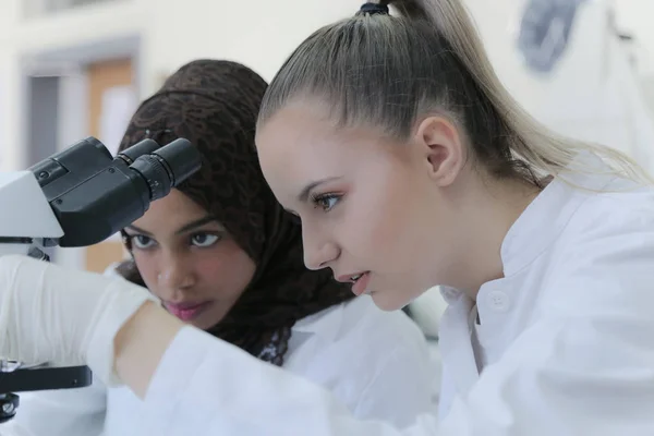 Дві багатоетнічні молоді вчені проводять експерименти в лабораторії — стокове фото