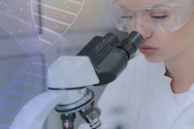 Genç bayan bilim adamı mikroskopla bir çalışmanın içine bakıyor.