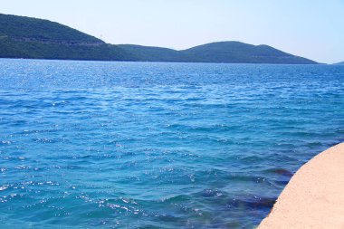 Kıyı manzaralı mavi deniz, yeşil ağaçlar ve orman..