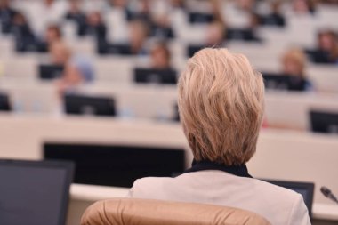 Konferansta lider olarak konuşan bir iş kadını. Seyirciler...