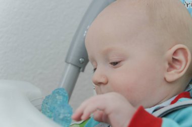 Cute little baby boy is playing with toys