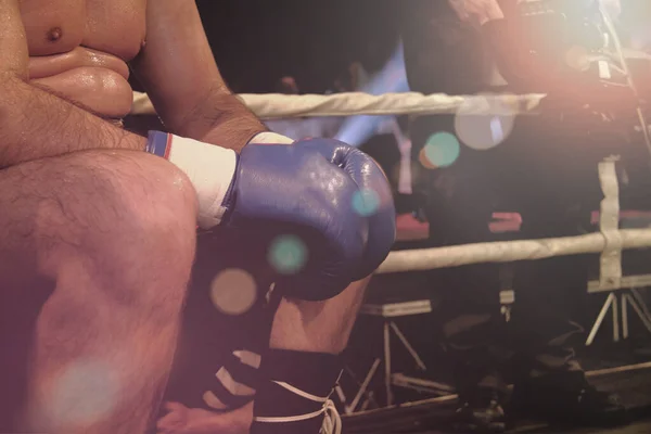 Boxeador profesional durante el partido, reparando para la lucha, de cerca —  Fotos de Stock