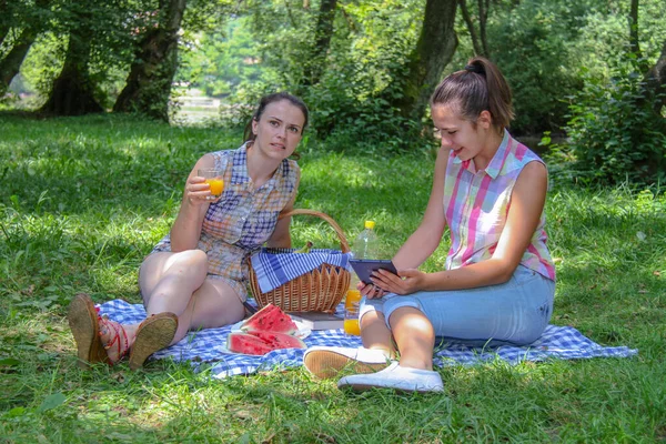 Casal feliz desfrutar de piquenique no parque — Fotografia de Stock