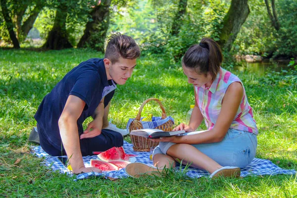 Foto Van Gelukkige Vrienden Genieten Een Picknick Het Park — Stockfoto