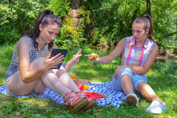 A boldog pár piknikezik a parkban. — Stock Fotó