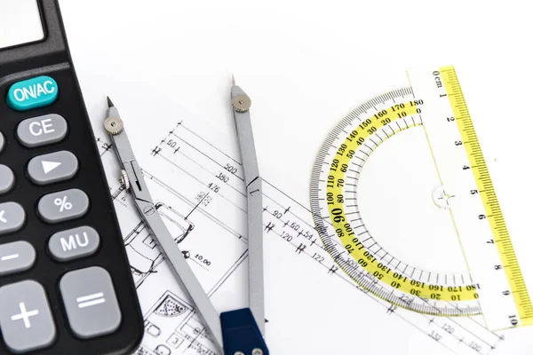 Architectural project, pair of compasses, rulers and calculator — Stock Photo, Image