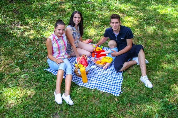 Foto Der Glücklichen Freunde Bei Einem Picknick Park — Stockfoto