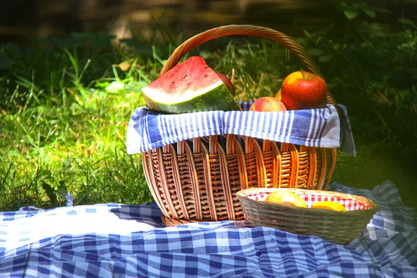 Picknickkorb mit Essen auf blauem Picknicktuch — Stockfoto