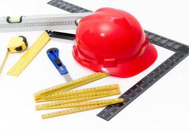 Kask ve inşaat çizimleri ve Binalar için Araçlar