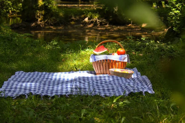 Корзина для пикника с едой на синей скатерти для пикника — стоковое фото