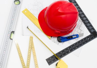 Kask ve inşaat çizimleri ve Binalar için Araçlar