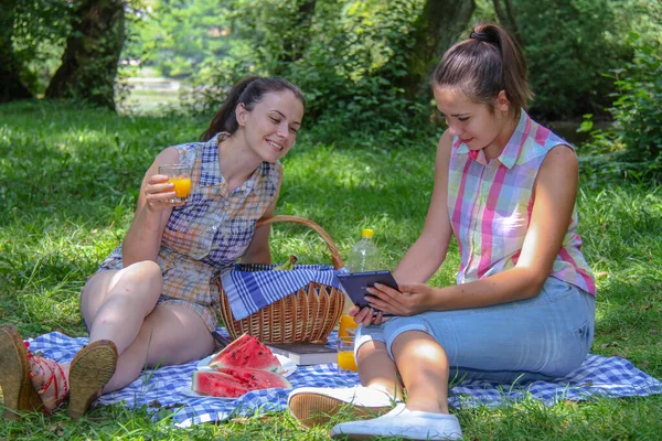 A boldog pár piknikezik a parkban. — Stock Fotó
