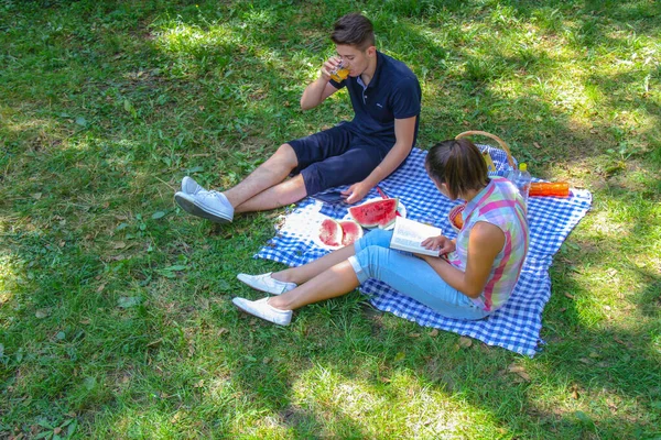 Glückliches Paar genießt Picknick im Park — Stockfoto