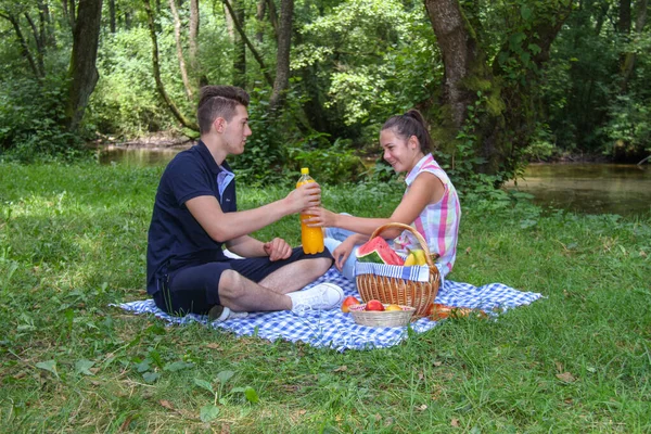 Glückliches Paar genießt Picknick im Park — Stockfoto