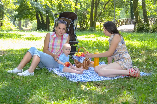 Две симпатичные юные сестры устраивают пикник в зеленом парке — стоковое фото