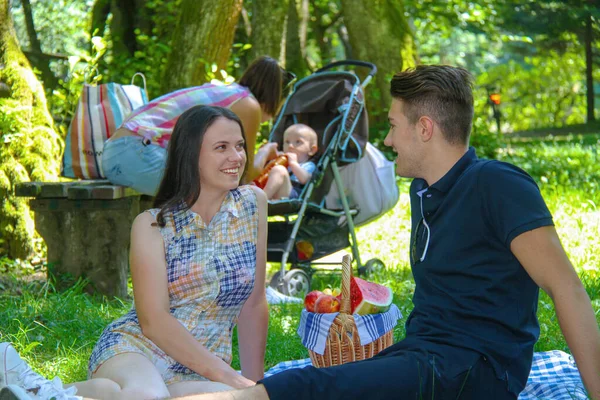 Glückliche Familie beim Picknick im grünen Park — Stockfoto