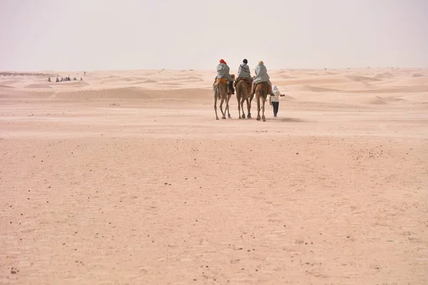 Beduinos con ropa tradicional montando camellos en el desierto del sahara , —  Fotos de Stock