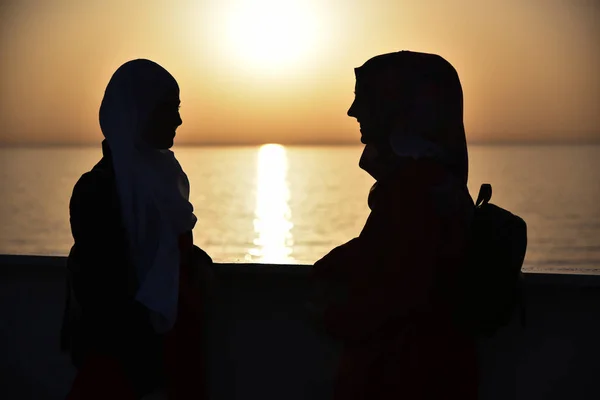 Visão traseira de duas mulheres jovens olhando para o mar ao pôr do sol no mar — Fotografia de Stock