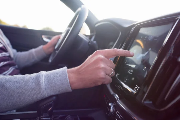 Driver man checking adjusting air from conditioning the cooling — Stock Photo, Image