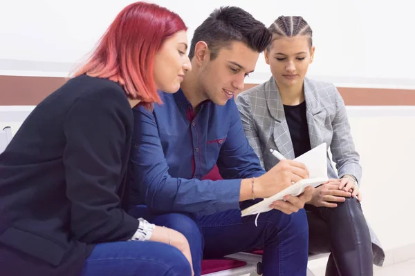 Tři vysokoškoláci sedí a používají notebook a chatují na zádi — Stock fotografie