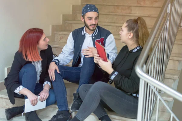 College life.Group of students learning  while sitting on stairs