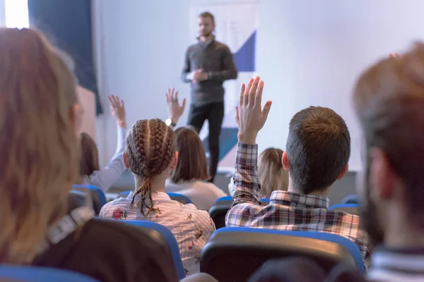 Education process at professor`s lecture in audience. Young male — Stock Photo, Image