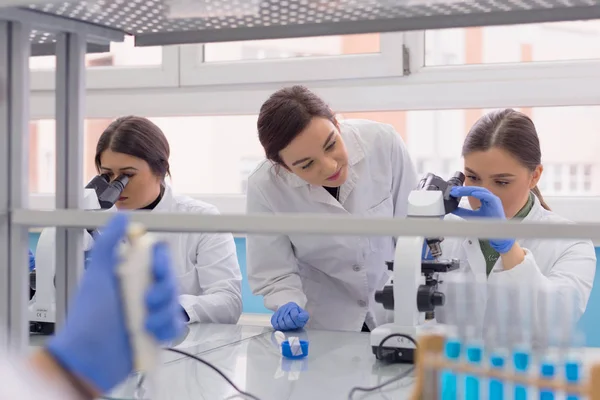 Grupo de cientistas de laboratório que trabalham em laboratório com tubos de ensaio, — Fotografia de Stock