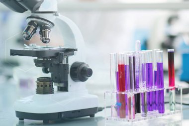 Genetik laboratuarındaki mikrobiyolojik pipette. Bilim laboratuarı test tüpleri.