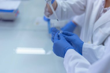 Laboratuvarda çalışan ve araştırma yapan iki genç bilim adamı, mikrobiyolojik analiz, tıp....