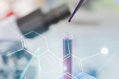 Laboratuvarda test tüpleri, mikroskop, test veya araştırma ile çalışan genç kadın laboratuvar bilim adamı. Bilim, kimya, biyoloji, tıp ve insan konsepti..