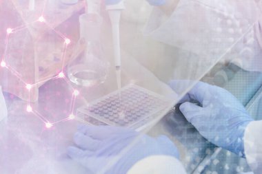 Laboratuvarda test tüpleri, mikroskop, test ya da araştırma yapan iki genç kadın laboratuvar bilim adamı. Bilim, kimya, biyoloji, tıp ve insan konsepti..