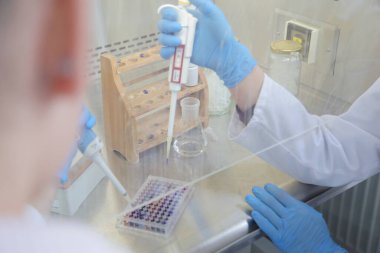 Laboratuvarda test tüpleri ve mikroskop ile çalışan iki genç laboratuvar bilim adamı klinik laboratuarında test veya araştırma yapıyor. Bilim, kimya, biyoloji, tıp ve insan konsepti.