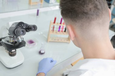 Laboratuvarda test tüpleri, mikroskop, test veya araştırma ile çalışan genç kadın laboratuvar bilim adamı. Bilim, kimya, biyoloji, tıp ve insan konsepti..