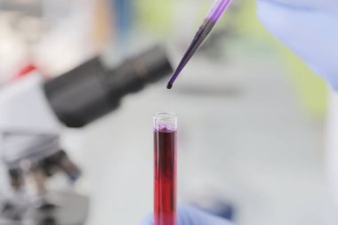 Laboratuvarda test tüpleri, mikroskop, test veya araştırma ile çalışan genç kadın laboratuvar bilim adamı. Bilim, kimya, biyoloji, tıp ve insan konsepti..