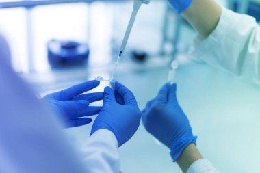 Laboratuvarda test tüpleri, test veya araştırma laboratuvarında çalışan bir grup bilim adamı. Bilim, kimya, biyoloji, tıp ve insan kavramı.