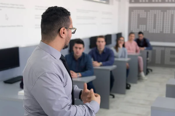 Male Professor Holding Lecture Multi Ethnic Group Students Smart Young — Stock Photo, Image