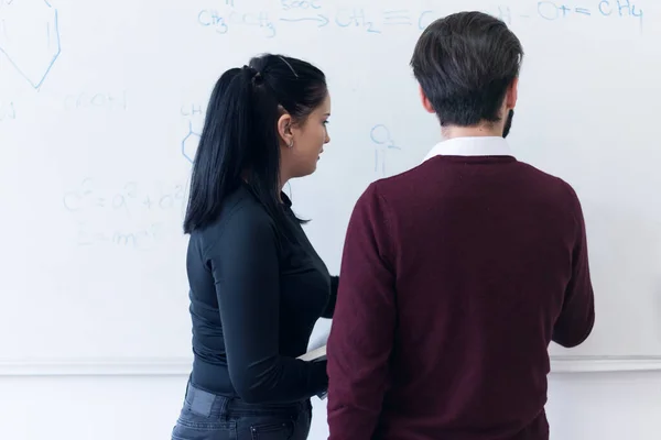 Two Young Female Male Economy Students Analyzing Company Annual Financial — Stock Photo, Image