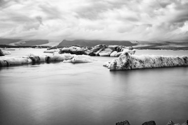 Jokulsarlon glacier lagoon in Iceland. Long exposure shot makes, black and white, vintage