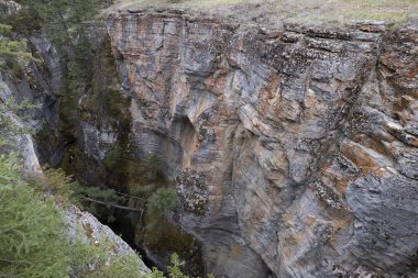 Derin boğaz Maligne kanyonun Jasper Milli Parkı'nda Kanada üzerinden Maligne River akışı