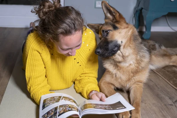 Genç bayan kitap okuyor, yerde yatan Alman çoban köpeği odada dinleniyor.