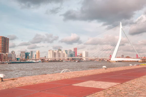 Rotterdam - 12 February 2019: Rotterdam, The Netherlands downtown skyline at dusk, street in foreground, South Holland, Rotterdam, Netherlands — Stock Photo, Image