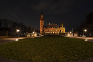 The Hague, the Netherlands - 18 February 2019: : The Hague, The Netherlands. Peace Palace Dutch: vredespaleis at dusk. The Hague in the Netherlands