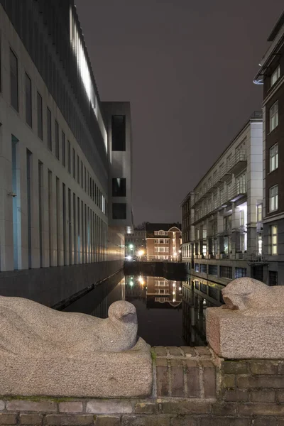 Haia, Países Baixos - 18 de fevereiro de 2019: apartamentos com água entre e duas estátuas de um animal em primeiro plano, Haia, Países Baixos — Fotografia de Stock